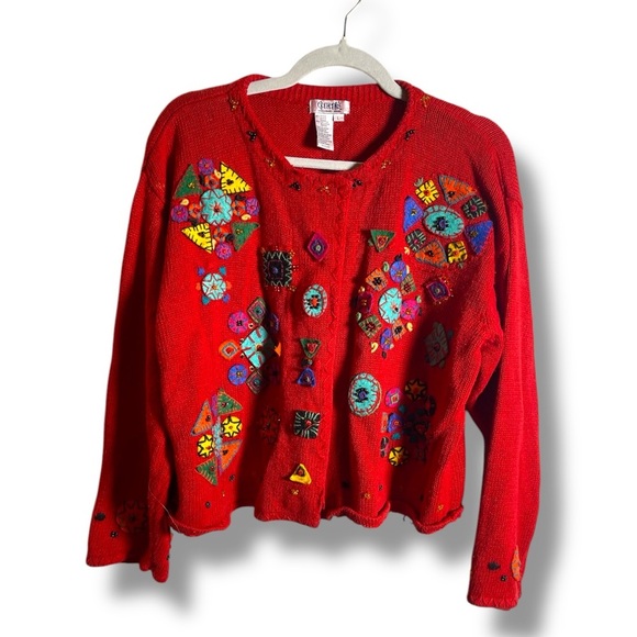 ELEMENTS Women’s button down cardigan sz L fun patchwork colorful beaded - Picture 1 of 8